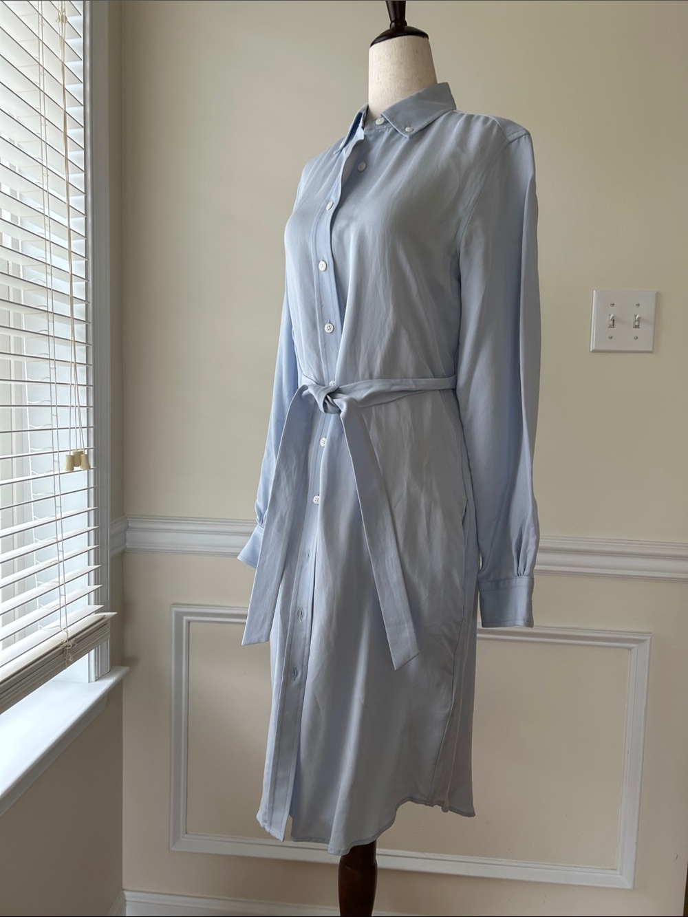 Brooks Brothers Light Blue Long-Sleeve Shirt Dress with Waist Tie